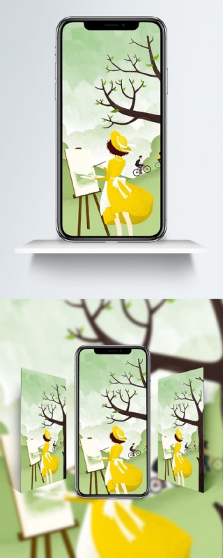 清新春季踏青写生原创插画手绘海报手机壁纸