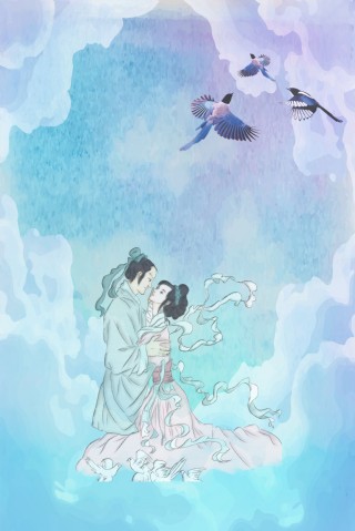 插画风七夕情人节牛郎织女海报